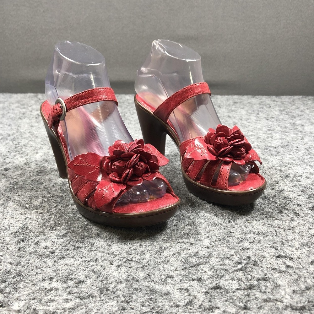 Born Sandals Womens Size 7 Red Leather Flower Slingback Block Heel Comfort Shoes
